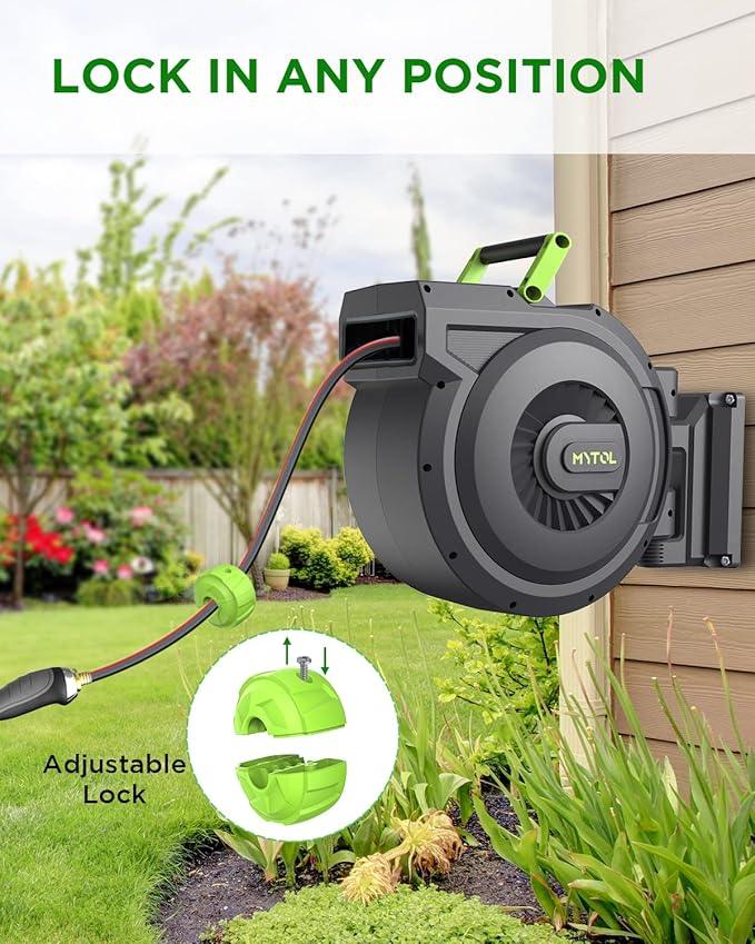 Retractable Garden Hose Reel, 1/2 Inch x 100 ft + 6 ft Wall Mount Hose Reel with Automatic Slow Rewind System, Any Length Lock, 10 Patterns Hose Nozzle, 180°Swivel Bracket, for Garden Watering - NeatNest