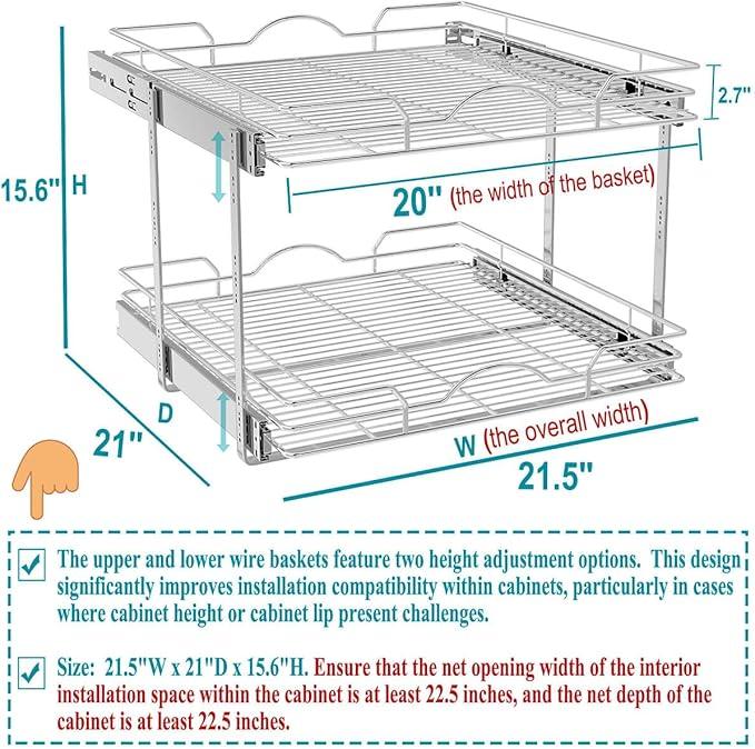 OCG 2 Tier Pull Out Cabinet Organizer (21.5" W x 21" D), Pull Out Drawers for Kitchen Cabinets, Pull Out Shelves for Base Cabinet Organization in Kitchen Bathroom Pantry, Chrome Finish - NeatNest
