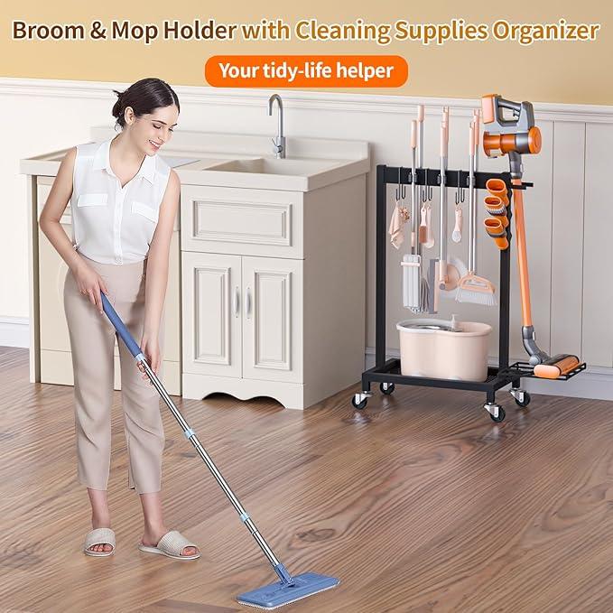 Broom Holder with Cleaning Supplies Organizer Load 160 LBS Cleaning Cart with Wheels Broom Closet Storage with 6 Mop Hanger Grippers, 3 Double-Hooks, Vacuum Stand for Laundry Garage Organization - NeatNest