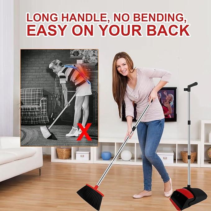 Broom and Dustpan Set for Household, Red Broom with Dustpan Combo Set, 51" Long Handle Dust pan Set for Dog Cat and Hair Clean - NeatNest