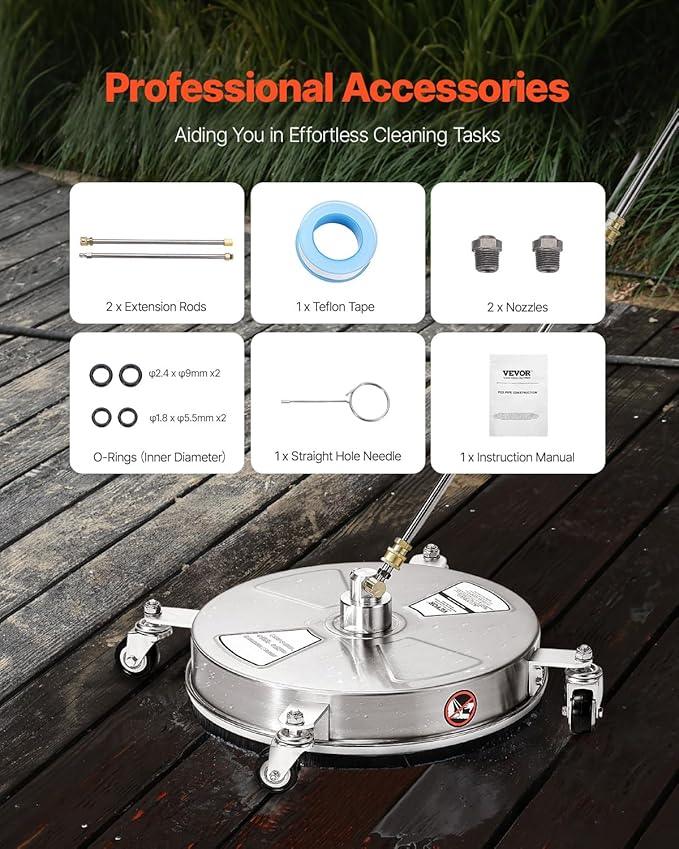 VEVOR 16.5" Pressure Washer Surface Cleaner, Stainless Steel Pressure Washer Attachments with 4 Wheels, 4000 Max PSI, 1/4 Quick Connector, 2 Spray Nozzles, 2 Extended Wands for Concrete, Patio, Deck - NeatNest