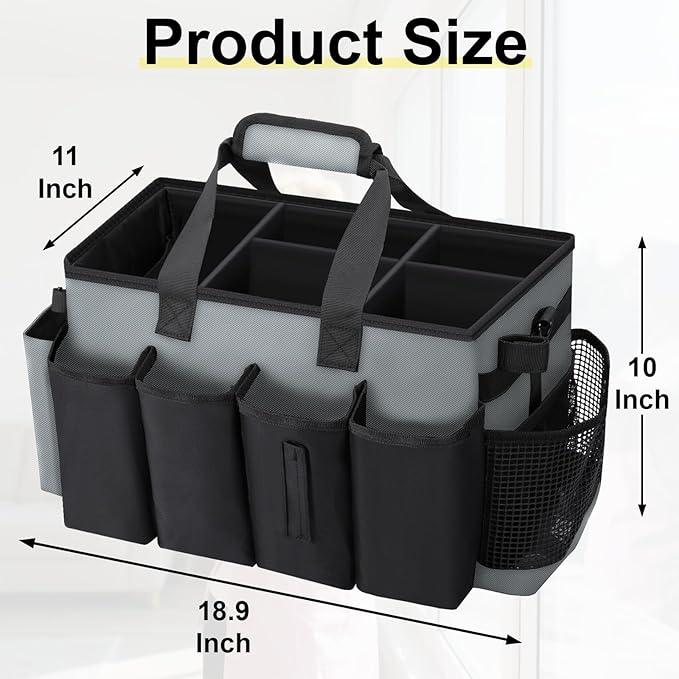 Wearable Large Cleaning Caddy Bag for Housekeeper, Clean Supply Organizer with Adjustable Shoulder, Waist & Handle Straps, Detailing Bag for Kitchen Supplies (Black&Gray) - NeatNest
