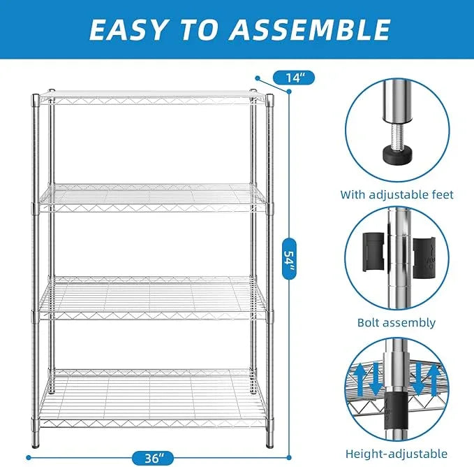 4-Shelf Adjustable Metal Shelf Wire Shelving Unit Storage Rack Display Shelf for Office,Kitchen,Bedroom,Bathroom,Laundry,Pantry Basement,Garage(Chrome,36" L x 14" W x 54" H) - NeatNest