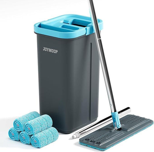 JOYMOOP Mop and Bucket Set with Wringer, with 5 Reusable Microfiber Mop Pads, Mops for Floor Cleaning and Wall Cleaning, Hands-Free Flat Mop for Home Use - Grey+Cyan Blue - NeatNest