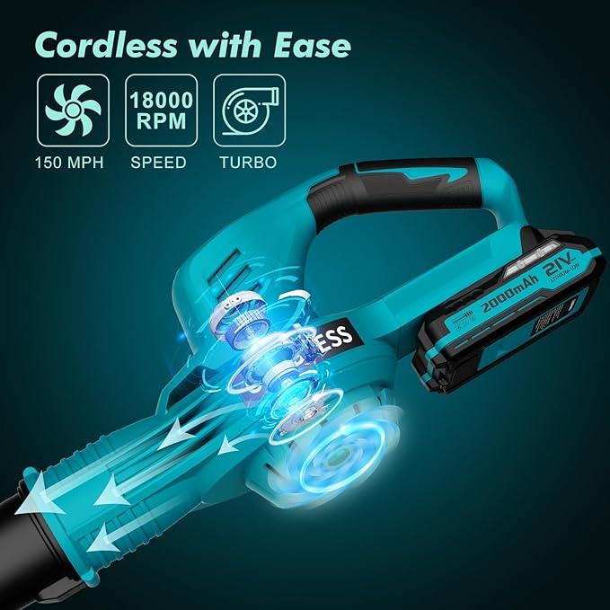 Leaf Blower Cordless - 21V Powerful Electric Leaf Blower with 2 Batteries and Charger, 2 Speed Modes, 2.0Ah Lightweight Battery Powered Leaf Blowers for Lawn Care, Patio, Dust, Blowing Leaves - NeatNest