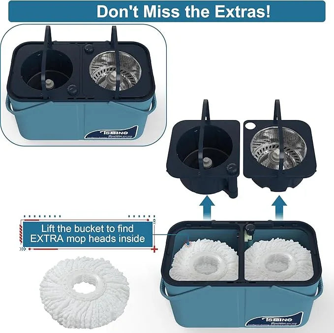 Gen 1 Large-Capacity Spin Mop and Bucket – for Big Homes & Deep Cleaning Days,4-Chamber System Separates Dirty & Clean Water, 2-GAL Heavy-Duty Design with Wheels & 8 Refill Mop Heads - Blue/Grey - NeatNest