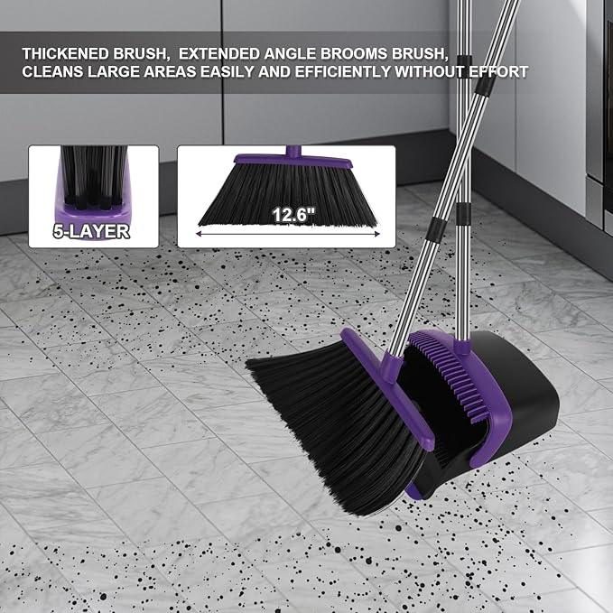 Broom and Dustpan Set, Large Household Dustpans and Broom with 55 Inch Long Handle, Pueple Broom with Dustpan Combo Set for Home - NeatNest
