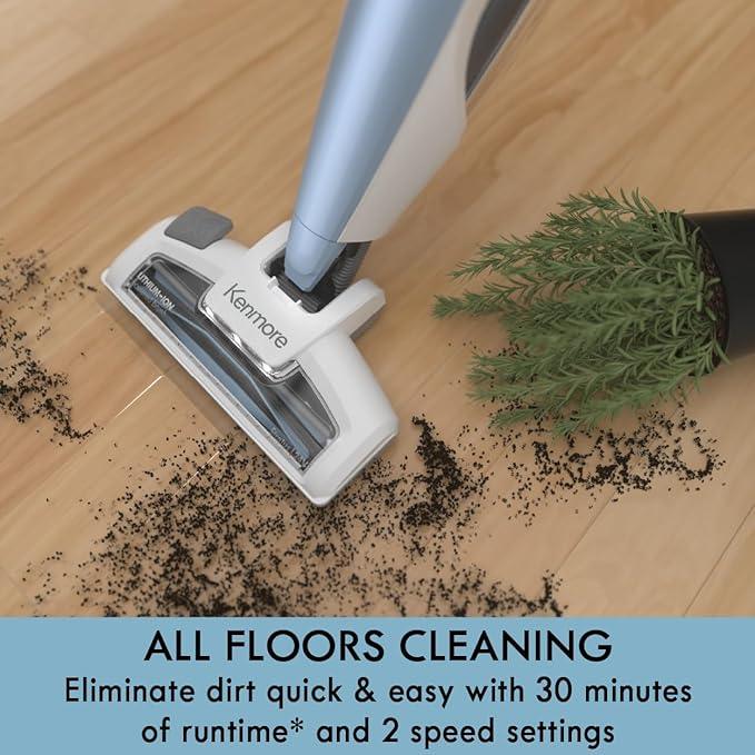 Kenmore DS1020 16V Cordless Stick Vacuum Lightweight 2-in-1 Handheld, LED Headlight with 2-Speed Power Control for Hardwood Floor, Carpet & Pet Hair, 16 Volts, Gray-Blue - NeatNest