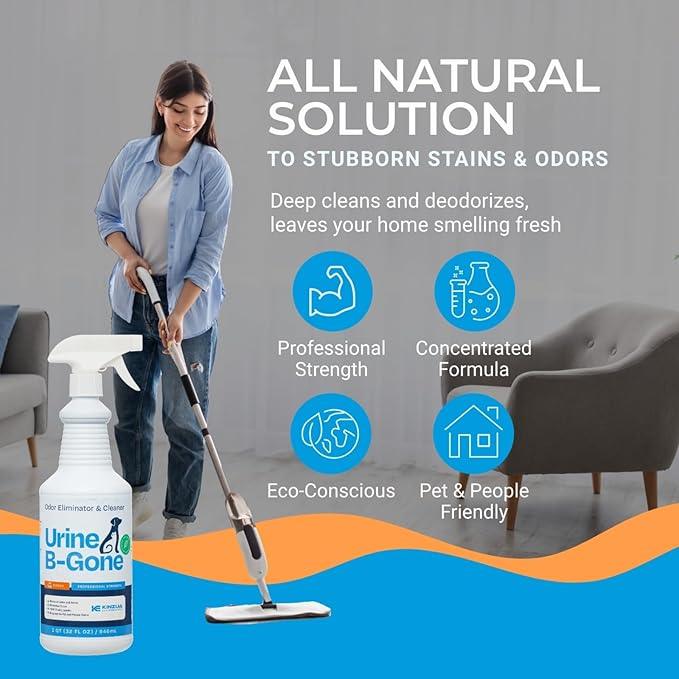 KINZUA ENVIRONMENTAL Urine B-Gone, Professional Enzyme Odor Eliminator & Pet Stain Remover, Human, Cat & Dog Urine Cleaner, Effective on Laundry, Carpets & More, Citrus Scent, 32oz - NeatNest