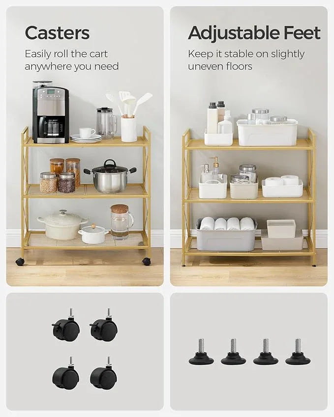SONGMICS 3-Tier Metal Storage Rack with Wheels, Mesh Shelving Unit with X Side Frames, 31.5-Inch Width, for Entryway, Kitchen, Living Room, Bathroom, Industrial Style, Metallic Gold UBSC183A01 - NeatNest