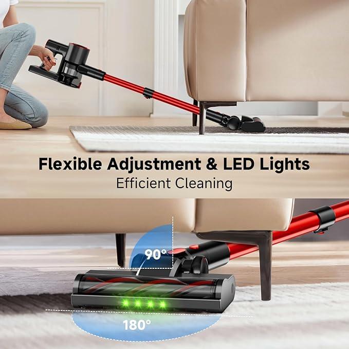 Cordless Stick Vacuum Cleaner, 38Kpa Powerful Suction Vacuum Cleaner with LED Headlight, Detachable Battery, 8-in-1 Lightweight Handheld Vacuums for Pet Hair Carpet and Hardwood Floor, Red - NeatNest