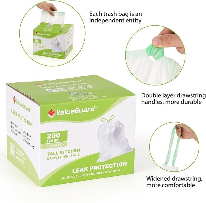 Large Trash Bag 13 Gallon Tall Drawstring 100% Post-Consumer Recycled Garbage Bag Waste Bag for Kitchen Office 0.8 Mil (200 Count) - NeatNest