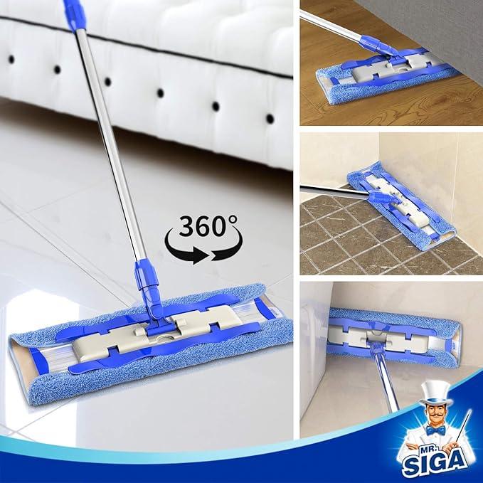 MR.SIGA Professional Microfiber Mop for Hardwood, Laminate, Tile Floor Cleaning, Stainless Steel Telescopic Handle - 3 Reusable Flat Mop Refills and 1 Dirt Removal Scrubber Included - NeatNest