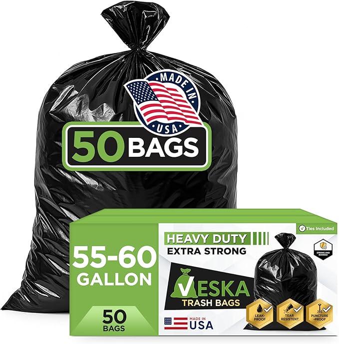 Veska 55 Gallon Trash Bags Heavy Duty, (Value-Pack 50 Count w/Ties) 55-60 Gallon Trash Bags Large Black 50-60 Gallon Garbage Liners for Lawn, Leaf, and Commercial - NeatNest