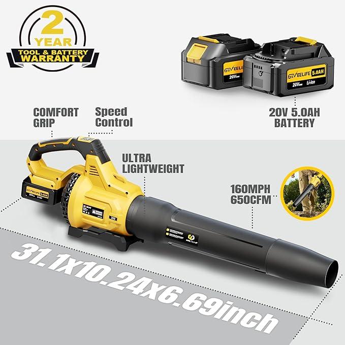 GEVEELIFE Leaf Blower Cordless, 650CFM & 3 Speed Levels, Electric Cordless Leaf Blower with 2 * 5.0Ah Battery Powered, Blowers for Lawn Care, Yard, Blowing Leaves, Dust, Snow - NeatNest