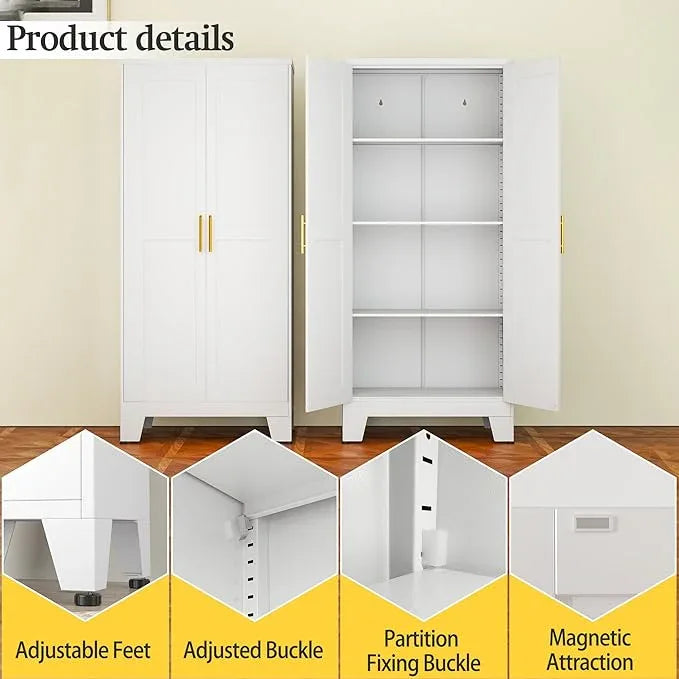 White Metal Storage Cabinet, 61" Steel Cabinets for Home Office, Kitchen Pantry Storage Cabinet with Doors and 3 Adjustable Shelves, Tool Cabinet, for Office, Home, Garage, School - NeatNest
