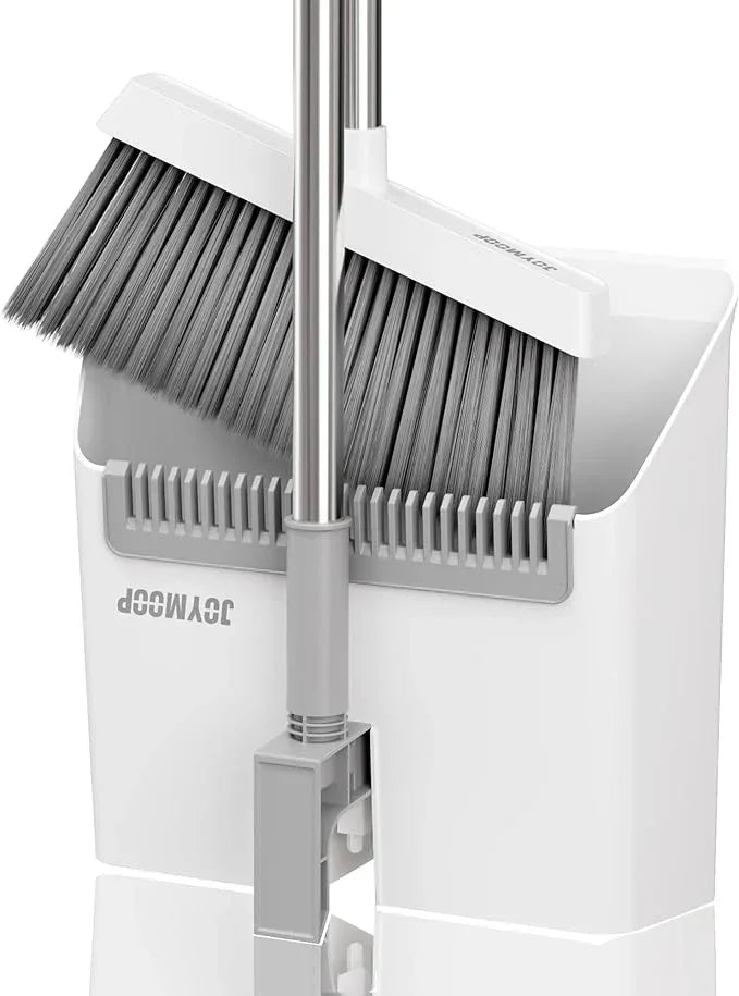 JOYMOOP White Broom and Dustpan Set, Upright Angle Design with Built-in Comb Teeth for Kitchen, Office, Pet Hair, Hard Floors - NeatNest