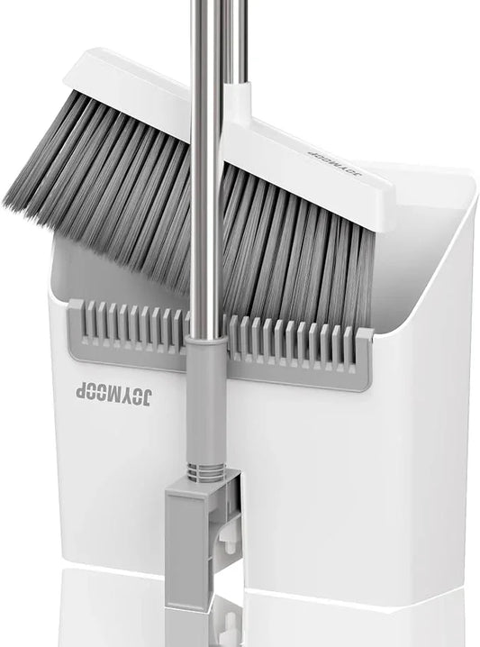 JOYMOOP White Broom and Dustpan Set, Upright Angle Design with Built-in Comb Teeth for Kitchen, Office, Pet Hair, Hard Floors - NeatNest