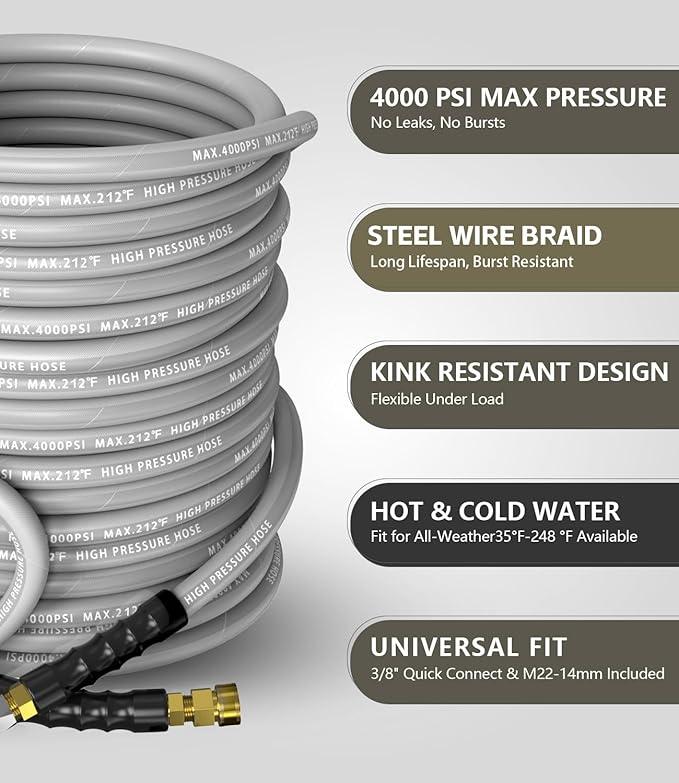 Pressure Washer Hose 100FT 4000 PSI, Kink Resistant Steel Braided Layer & NonMarking Rubber for Hot/Cold Water, High Power Washer Hose With 3/8 Inch Quick Connect & M22 Fitting, Gray - NeatNest