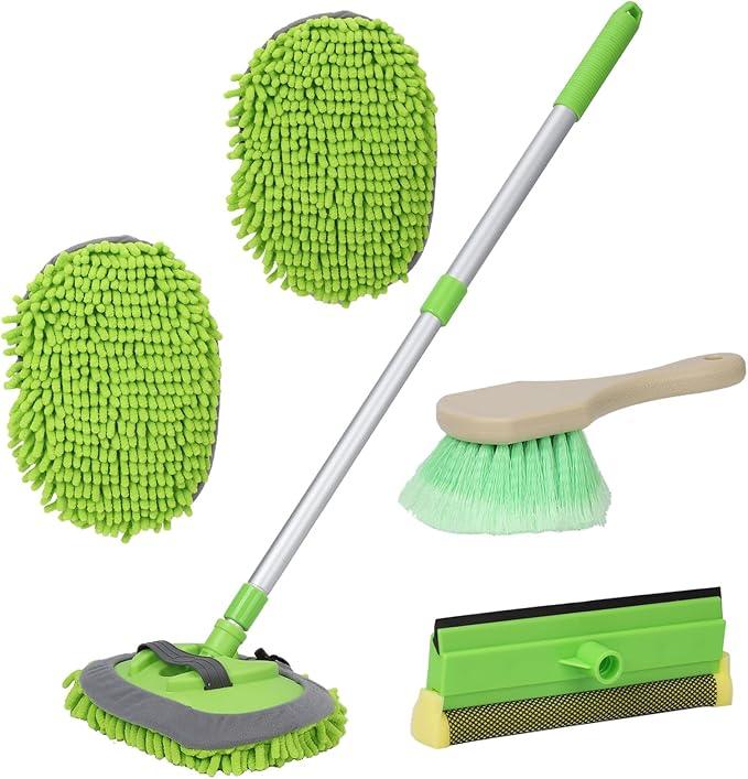 GIANT BEAR Car Wash Brush with Long Handle, 42.9" Microfiber Chenille Mitt Not Hurt Paint Scratch Free Aluminum Alloy Cleaning Tool -4 in 1,Glass Window Scrabber Detail Wheel Brush - NeatNest