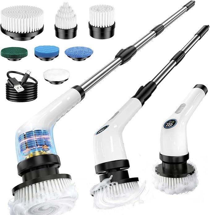 Electric Spin Scrubber Upgraded Battery with Extra-Long Runtime, IPX7 Waterproof Power Cleaner with 7 Brush Heads, 2 Speeds Adjustable Long Handle for Bathroom, Floor, Shower, Tile & Kitchen Cleaning - NeatNest
