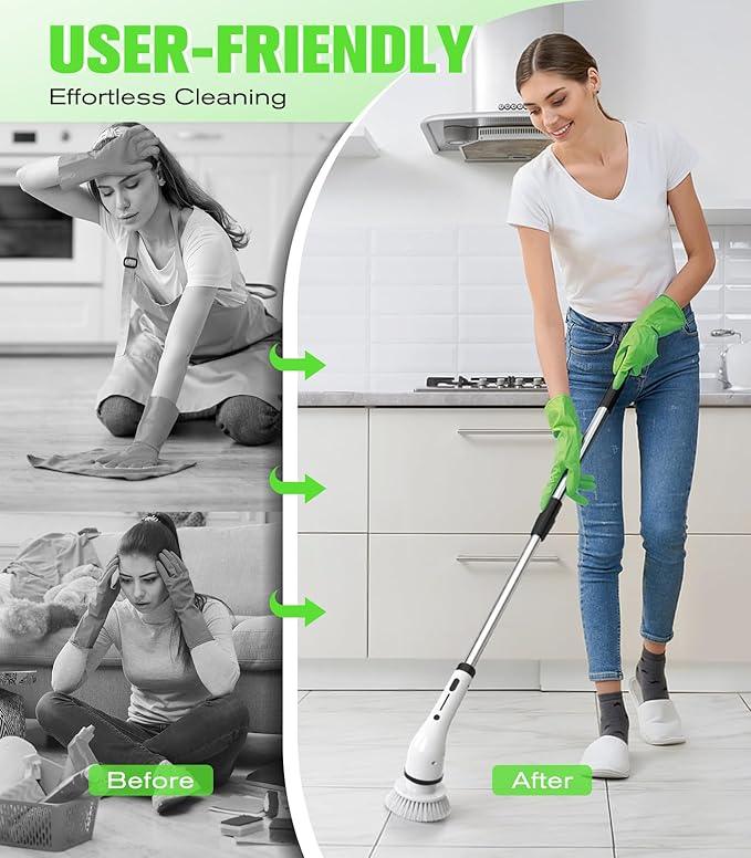 Electric Spin Scrubber for Cleaning, Cordless IPX5 Waterproof Bathroom Shower Scrubber Brushes with 9 Head, 1.5H Power Dual Speed Cleaner with Extendable Handles for Bathtub Floor Kitchen Wall - NeatNest