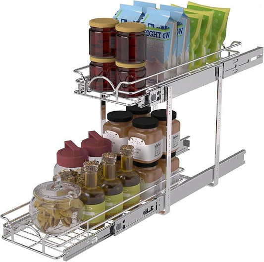 OCG 2 Tier Pull Out Cabinet Organizer (9.5" W x 21" D), Pull Out Drawers for Kitchen Cabinets, Pull Out Shelves for Base Cabinet Organization in Kitchen Bathroom Pantry, Chrome Finish - NeatNest