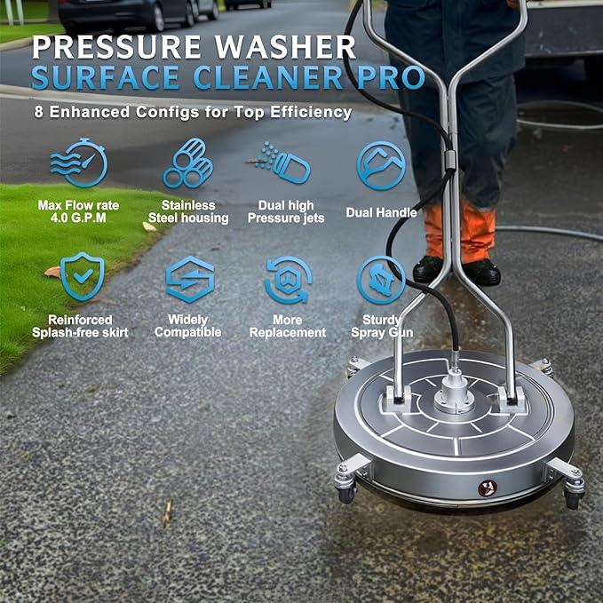 RAYNEL 30'' Pressure Washer Surface Cleaner with 4 Wheels, Dual Handle, Stainless Steel Housing, 2 Hose Adapters, 4 Replacement Nozzles and 5 Spray Nozzles - NeatNest