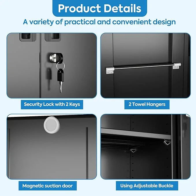 SUXXAN Broom Closet Storage Cabinet with Wheels 71.4"x 31.5"x15.7", Metal Cleaning Cabinets with Hooks and Hanging Rods, Lockable Cabinet with Pegboard, Adjustable Shelf,for Garage, Laundry Room - NeatNest