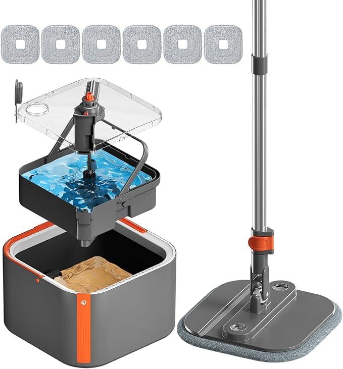 KZKR Upgraded Spin Mop and Bucket Set, Separate Clean and Dirty Water System, 360° Foldable Square Mop Head with Washable Microfibe Mops Pad, Detachable Bucket for Home Floor Cleaning - NeatNest