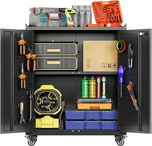SUXXAN Metal Storage Cabinet with Wheels, Rolling Storage Cabinet with 2 Doors and Adjustable Shelves, Pegboard and 4 Hooks, Suitable for Garage, Home, Office, School, Black - NeatNest