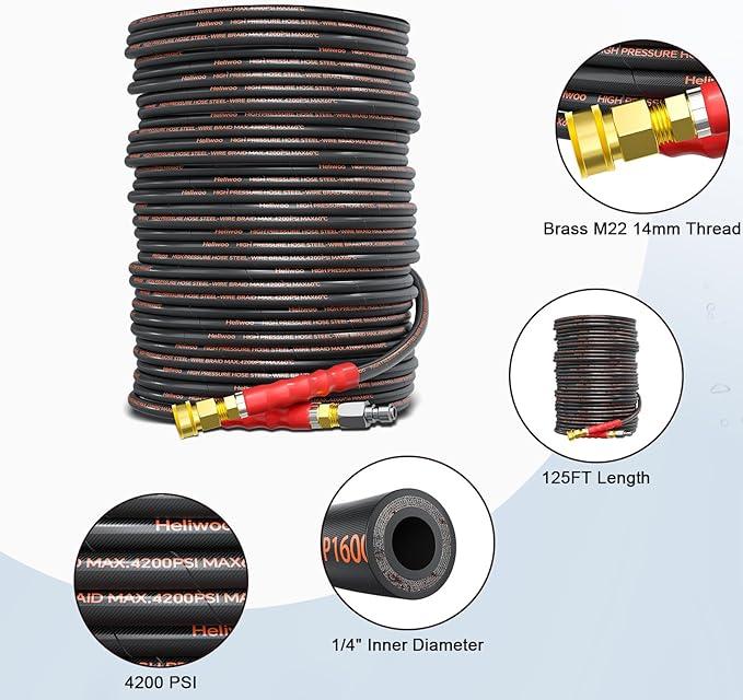 Pressure Washer Hose 125FT, 4200PSI High Tensile Wire Braid Kink Resistant Power Washer Extension Hose, 1/4" Flexible Replacement Hose with M22-14mm Brass Swivel Thread and 3/8 Quick Connect - NeatNest