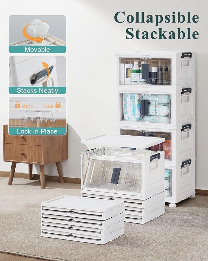 OlarHike 23QT Stackable Storage Bins with Lids - Folding Storage Box with Doors and Wheels, Collapsible Plastic Storage Drawers for Closets, 4 Pack Cubes - NeatNest
