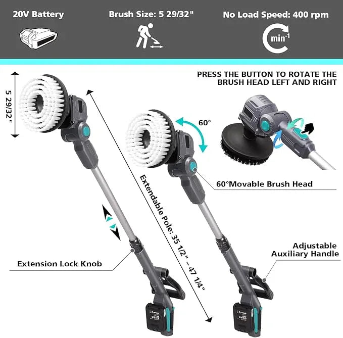 20V Cordless Spin Scrubber with Replaceable Battery, Electric Cleaning Brush with Long Handle & 8 Brush Heads for Outdoor, Bathroom, Tile, Grout, Shower, Bathtub - NeatNest