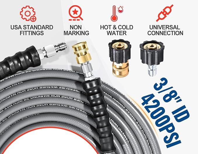 YAMATIC Non Marking 3/8" Pressure Washer Hose 125FT 4200 PSI, Kink Resistant Swivel 3/8" Quick Connect, Rubber Steel Braided Wear Resistant Industry Grade for Hot/Cold Water Gas Power Washer - NeatNest