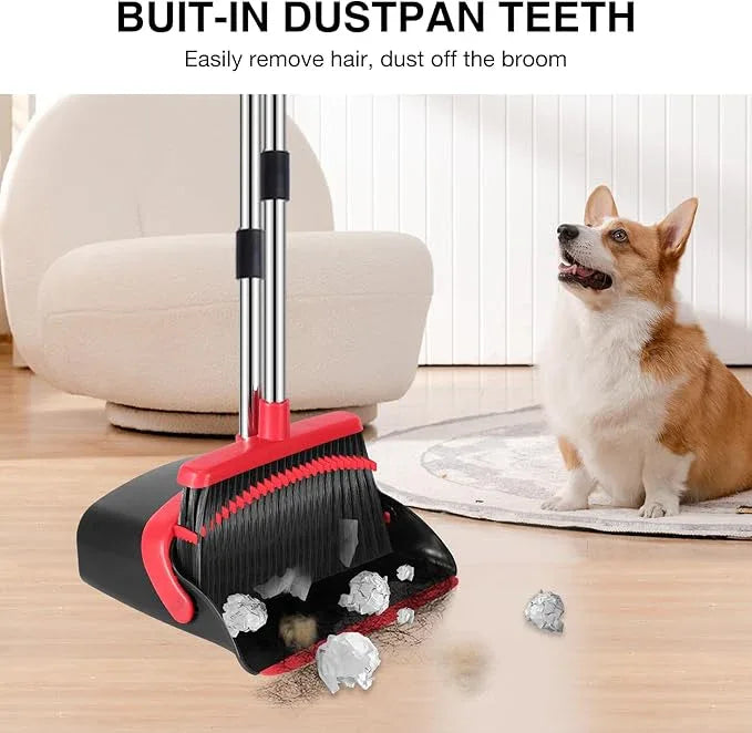NACENA Broom and Dustpan Set, 52-in Long Adjustable Handle Broom Dustpan Combo with Dustpan Teeth to Automatically Clean Hair Suitable for Home Kitchen Office Hall Floor (Black&Red), 2 Pack - NeatNest