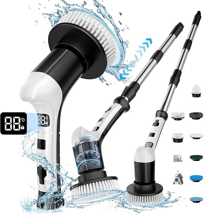 Electric Spin Scrubber with 3 Speed, Adjustable Extension Handle, 8 Brush Heads,Cordless Power Cleaning Brush for Bathroom, Tile, Kitchen-Black - NeatNest