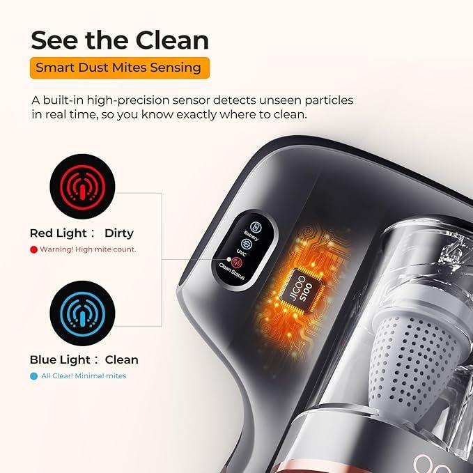 JIGOO Cordless Mattress Vacuum Cleaner with UV-C Light, Bed Vacuum Cleaner with Dust Sensor, Ultrasonic and High Heating, Deep Cleaning Bed Vacuum for Sofa Bed Fabric Surface (S100 Cordless) - NeatNest