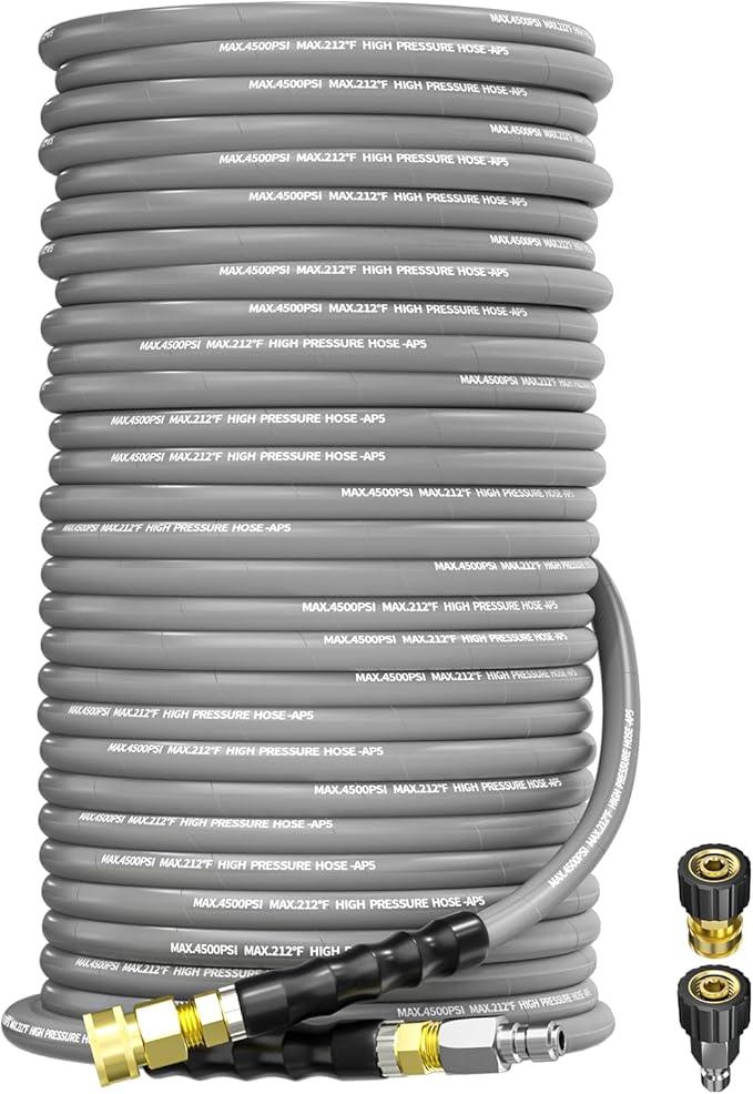 Pressure Washer Hose 200FT 3/8" for Cold and Hot Water 212°F, with Swivel Quick Connect, 4500PSI Kink Resistant Grade Steel Wire Braided, Power Washer Hose With 2pcs M22-14mm Adapter - NeatNest