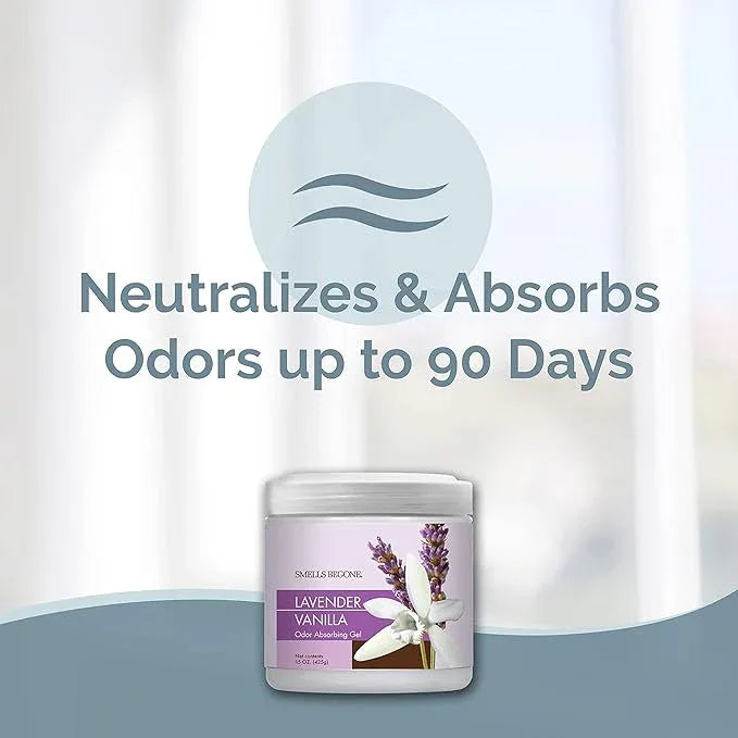 SMELLS BEGONE 15oz Gel Odor Eliminator - Absorb & Remove Tough Odors in Pet Areas, Bathrooms, Basements, Garage, Cars, RVs & Boats - Eliminate Odors with Essential Oils (Lavender Vanilla) - NeatNest