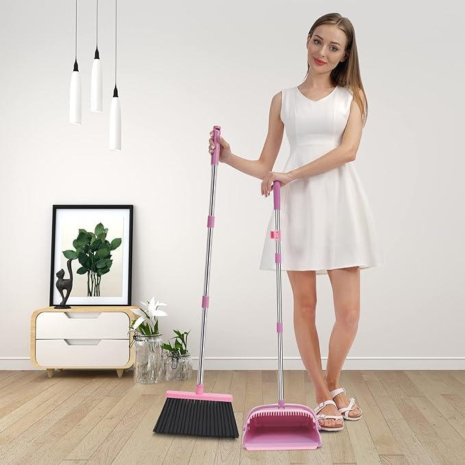 kelamayi Broom and Dustpan Set for Home, Office, Indoor&Outdoor Sweeping, Stand Up Broom and Dustpan (Pink) - NeatNest