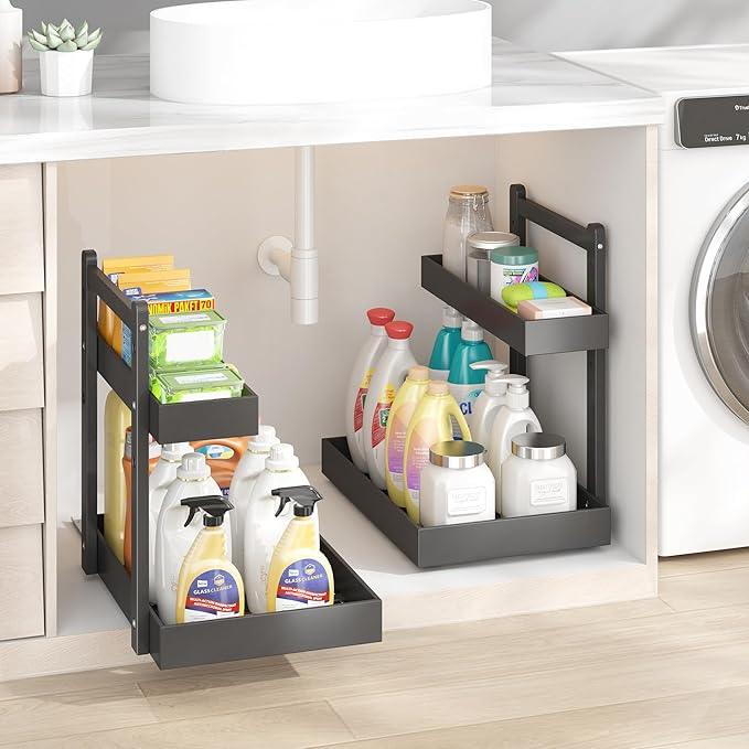 Under Sink Organizer - 1-Tier Pull Out Cabinet Organizer Vertical Slide Out Sink Shelf Storage Shelves for Multi-Purpose Bath Kitchen Bathroom Medicine (Black, 2 Packs) - NeatNest