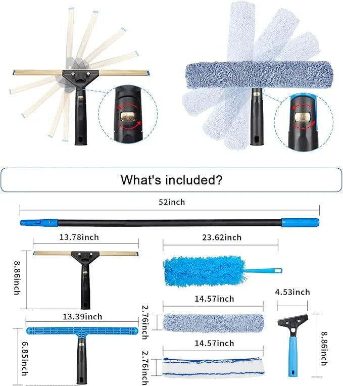 Swivel Squeegee Kit with 4 Extension Poles,Glass Scraper, Bendable Duster, 2 Window Scrubber Cloth for Glass, Car, Floor, Home,Garden - NeatNest