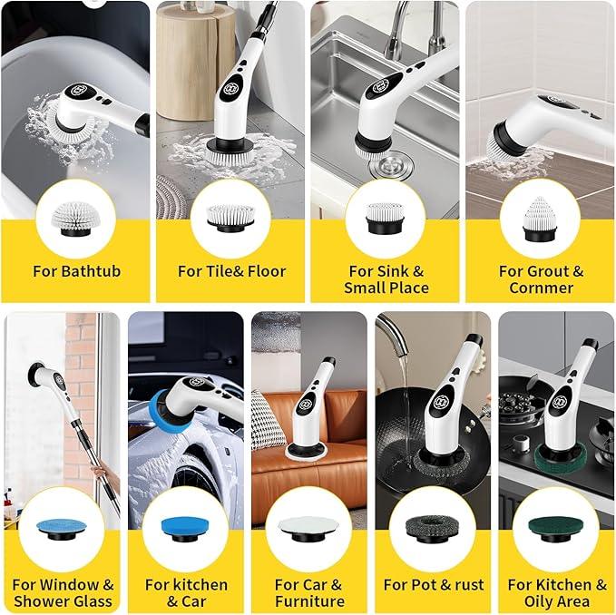 Electric Spin Scrubber,Cordless Cleaning Brush,Shower Scrubber with 9 Scrub Brush,3 Speed,Adjustable Extension Handle,Power LED Display, Voice Broadcast,Power Scrubber for Bathroom Kitchen Cleaning - NeatNest