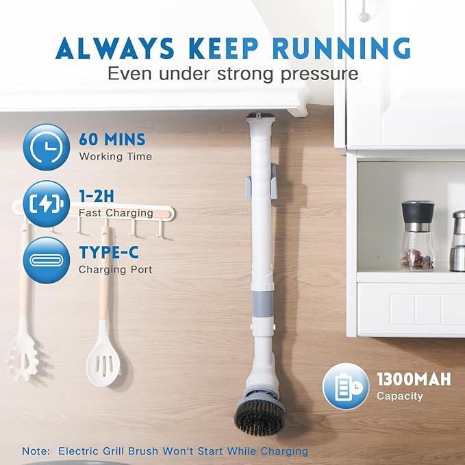 Electric Spin Scrubber,Wire Brush,Waterproof Spin Scrubber with Long Handle, Powerful Motor Cordless Cleaning Brush, Grill Cleaning Brush with Multiple Heads for Sink, Stove, Cabinets, and Kitchen - NeatNest