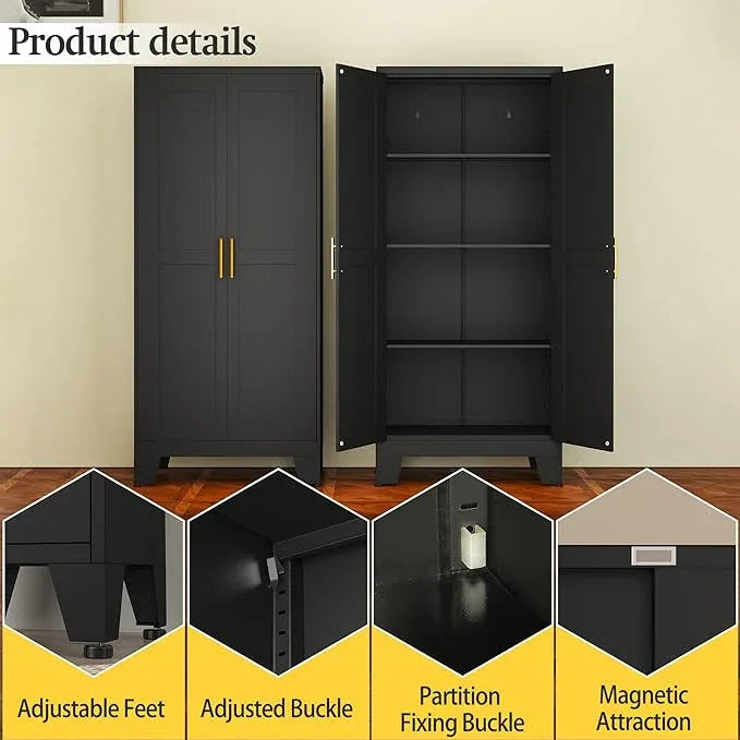 Black Metal Storage Cabinet, 61" Steel Cabinets for Home Office, Kitchen Pantry Storage Cabinet with Doors and 3 Adjustable Shelves, Metal Tool Cabinet, for Office, Home, Garage, School - NeatNest