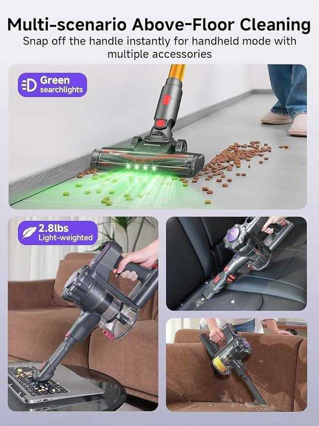 MONSGA Cordless Vacuum Cleaner, 45KPa 400W Stick Vacuum for Home, 50Mins Anti-Tangled Vacuum Cleaner with Charging Dock, Light-Weighted Handheld Vacuum for Pet Hair/Carpet/Floor, LED Touch Display - NeatNest