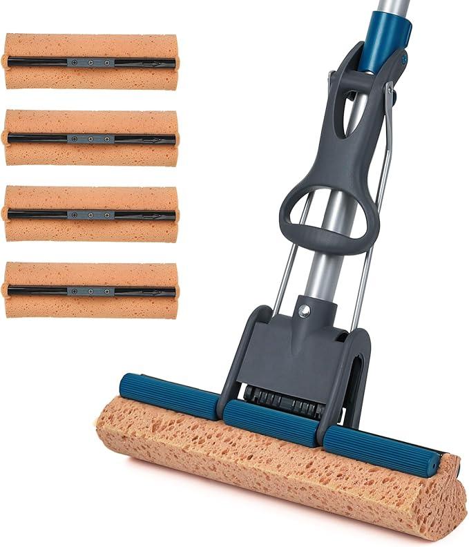 Sponge Mop for Floor Cleaning, 50" Heavy Duty Roller Mop with 4 Cellulose Refill Heads, Easy Self-Squeeze for Hardwood Tile Concrete, Wall Ceiling - NeatNest