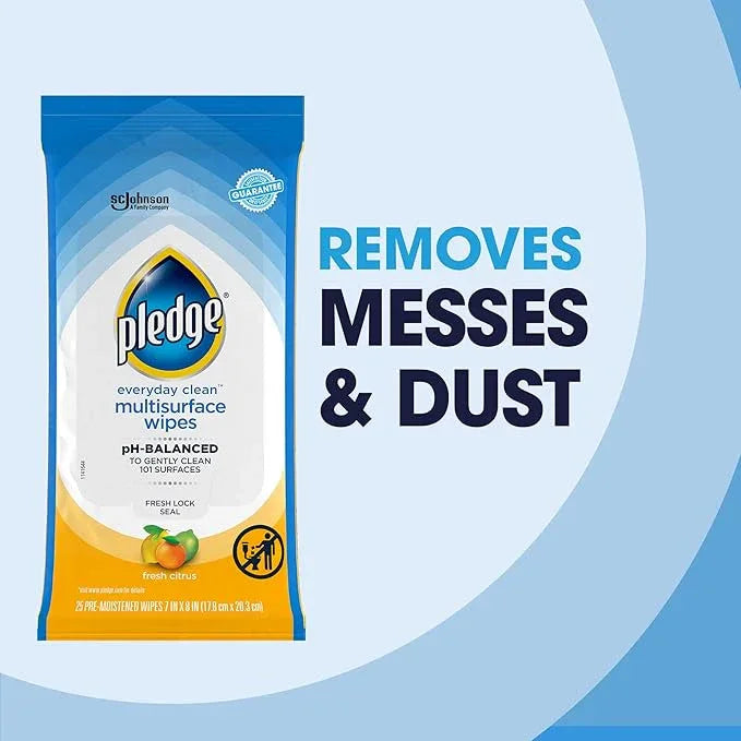 Pledge Multisurface Cleaning Wipes, pH Balanced, Fresh Citrus, 25 Count (Pack of 4, 100 Total Wipes) - NeatNest