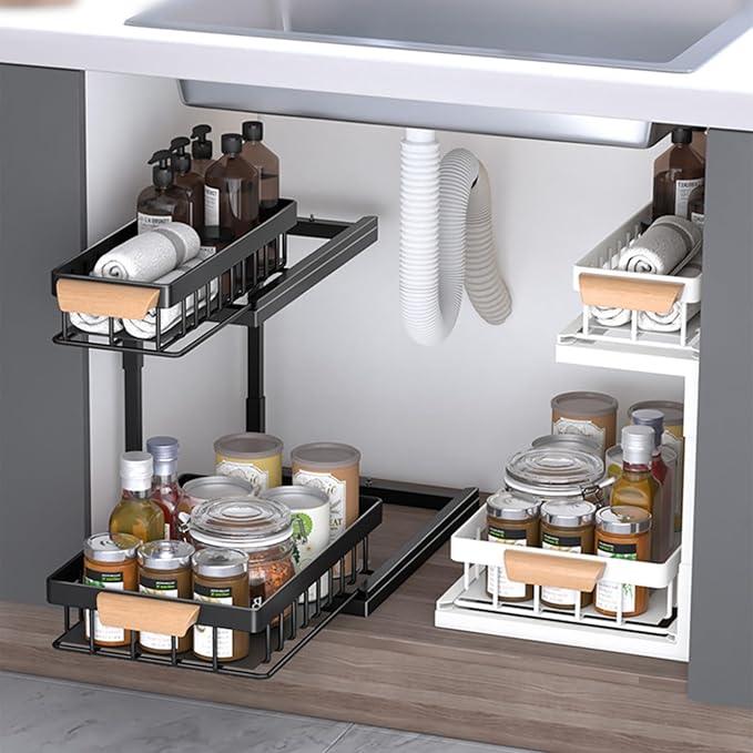 2-Tier Sliding Under Sink Organizer, L-shape Pull Out Cabinet Organizers, Multi-purpose Sink Storage Shelves, Metal Mesh Drawer Organizer for Bathroom Kitchen (Black, Pull-Down Style) - NeatNest